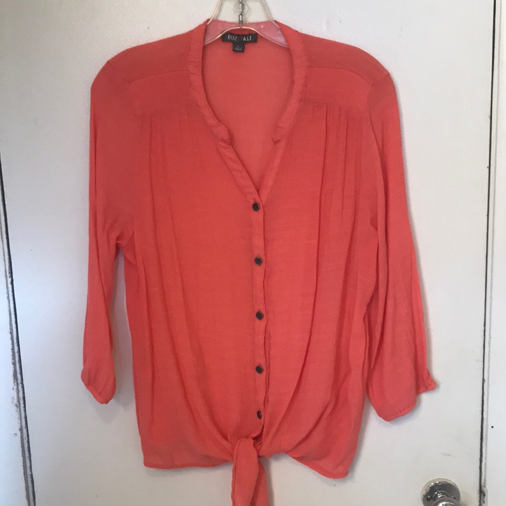 Women’s Roz & Ali Button Down Blouse, Coral, Size L, ties in front, 3/4 Sleeves